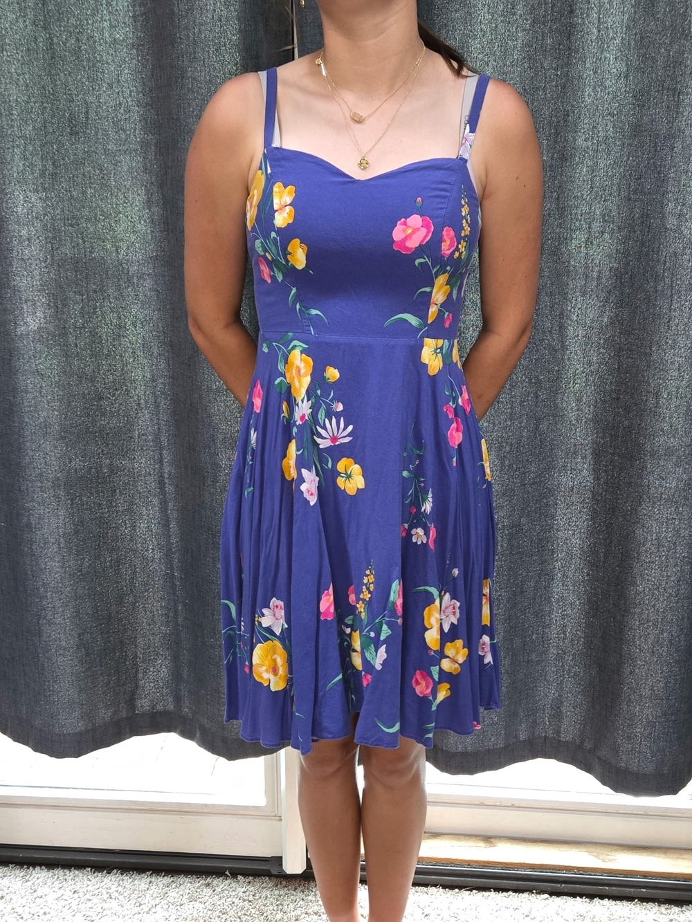 Floral Fit-and-Flare Spaghetti Strap Dress in Royal Blue